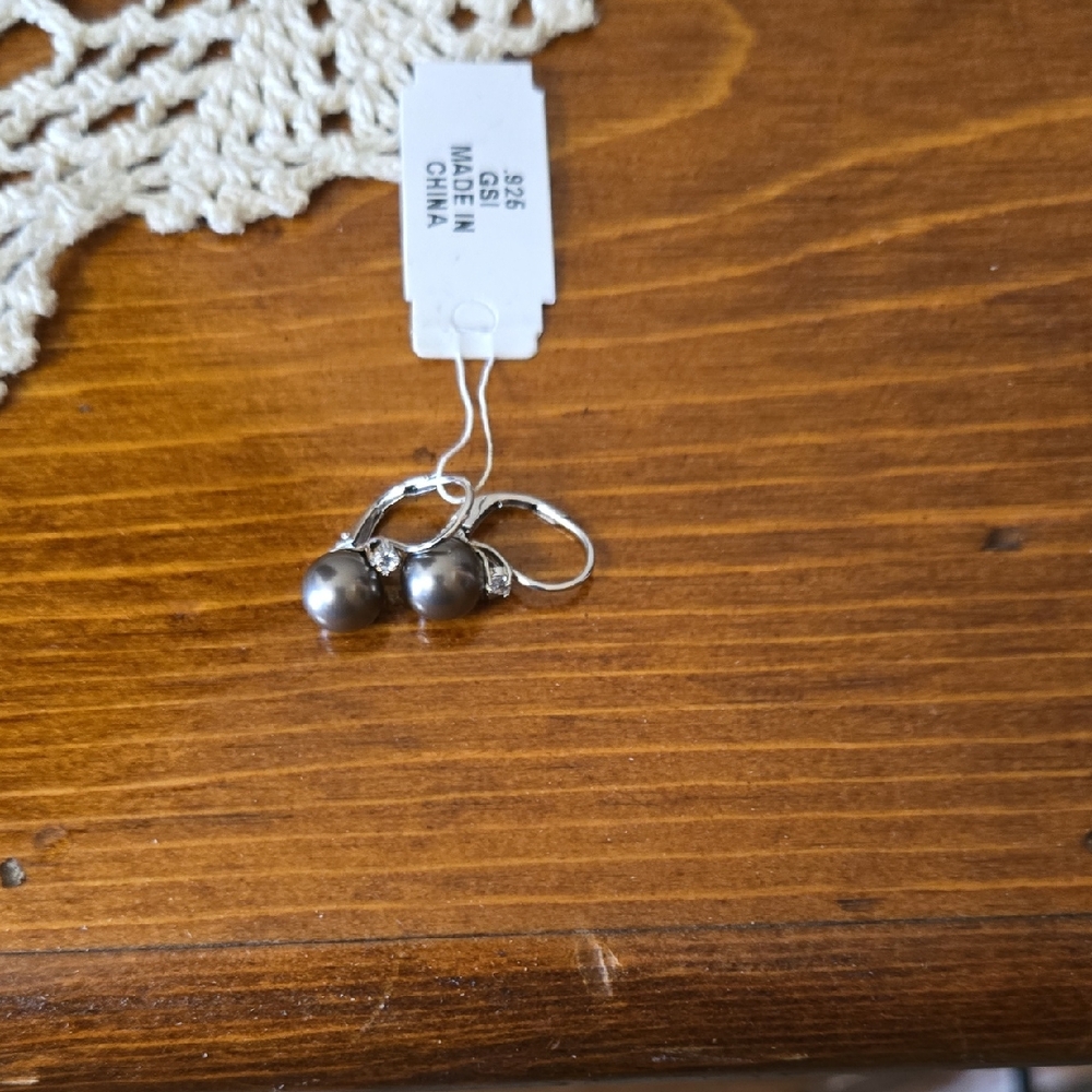 Sterling Silver Gray Faux Pearl Drop Earrings with Rhinestone Accent